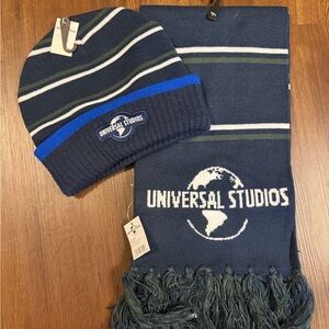 Universal Studios Navy and Green Striped Beanie and Scarf Set